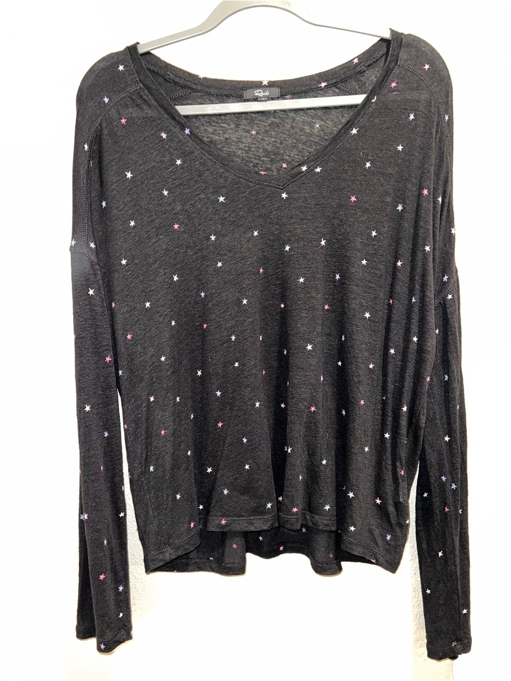 Rails Black V-Neck Long Sleeve Top with Pink, Purple & White Stars